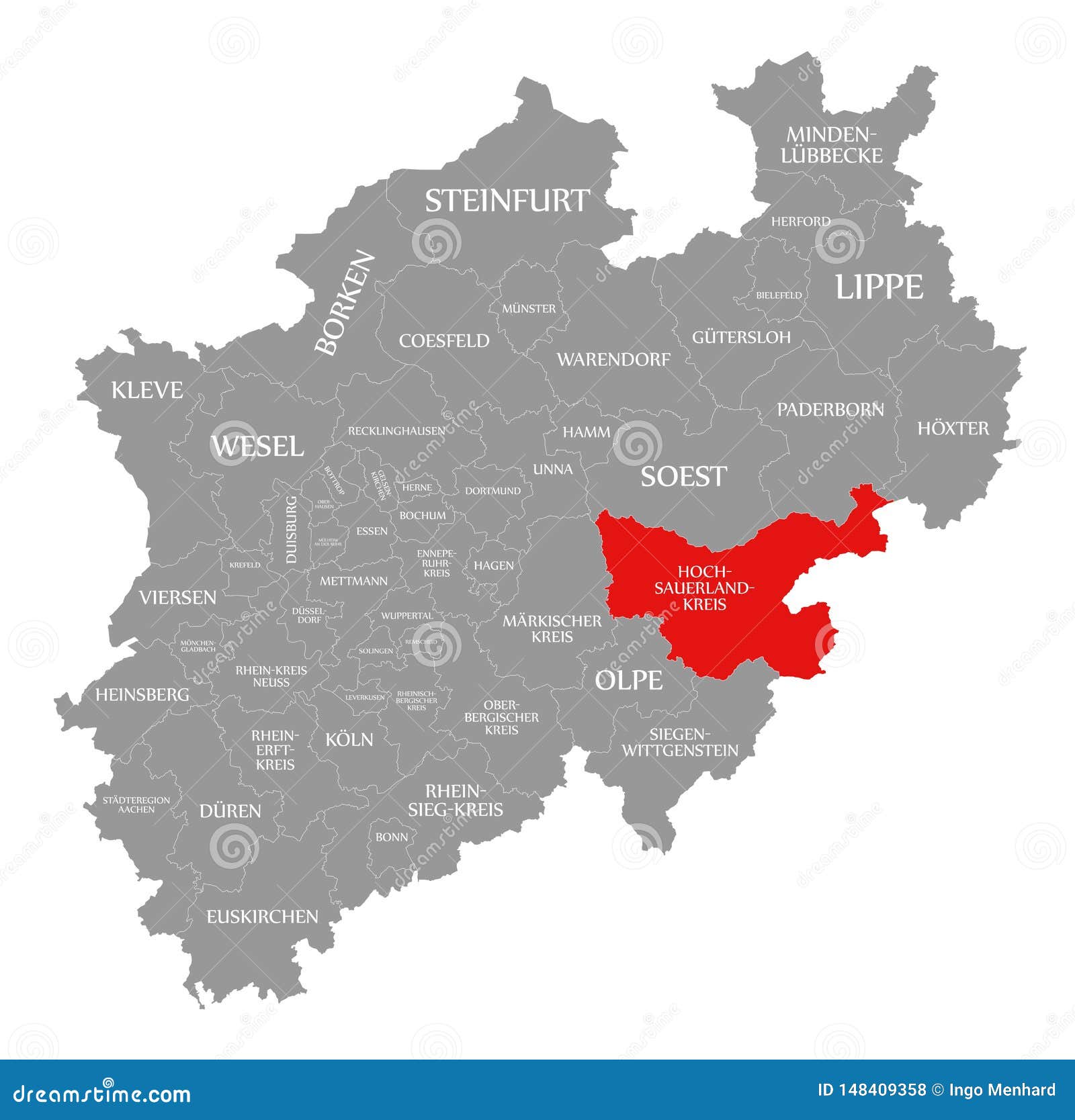 Hochsauerlandkreis County Red Highlighted in Map of North Rhine