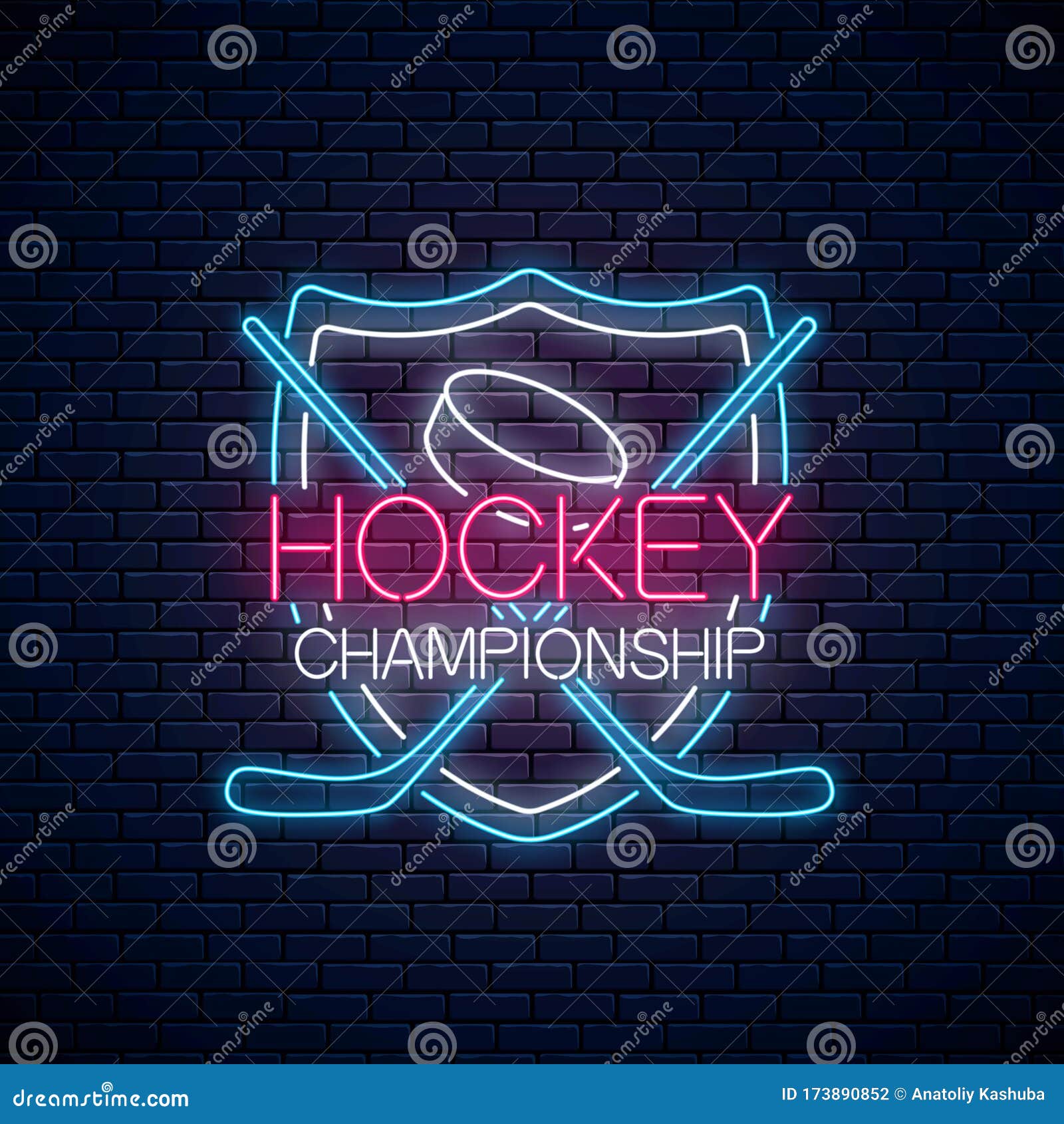 Hockey Championship Neon Sign with Hockey Sticks and Puck