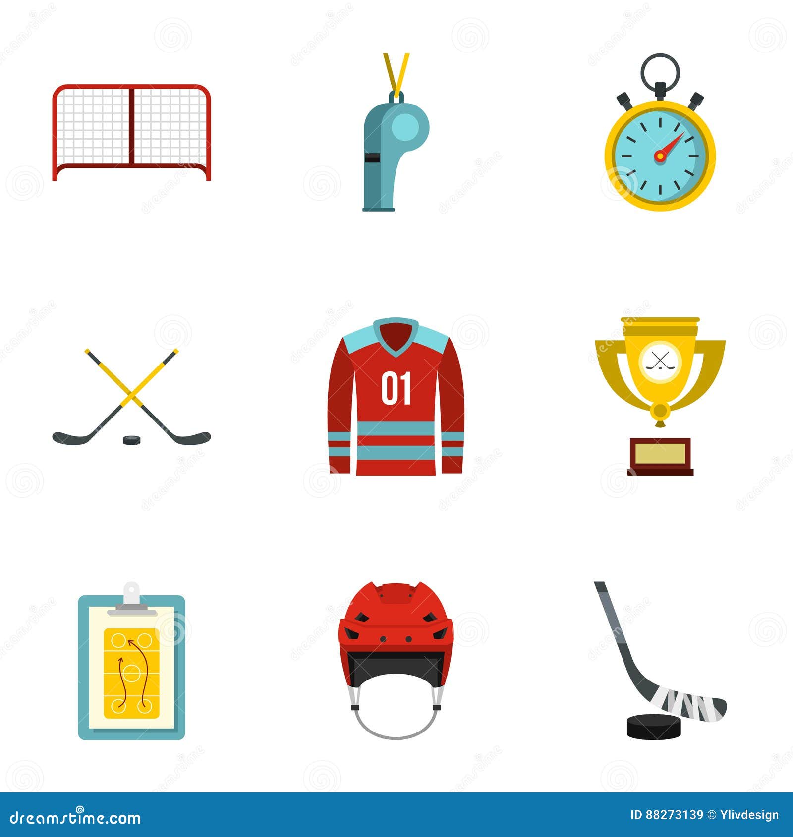 Hockey Icons Set, Flat Style Stock Vector Illustration of player