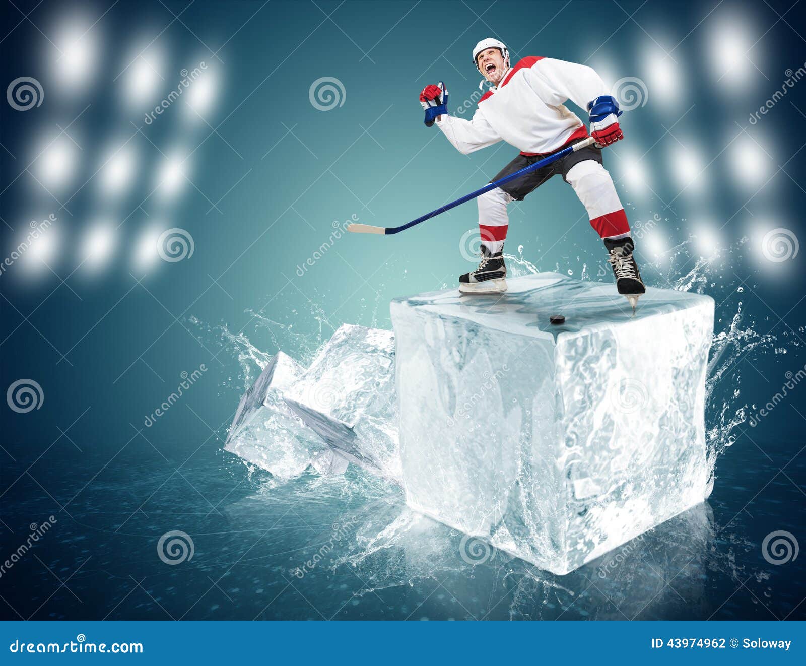 Hockey player on ice cube stock photo. Image of shooting 43974962