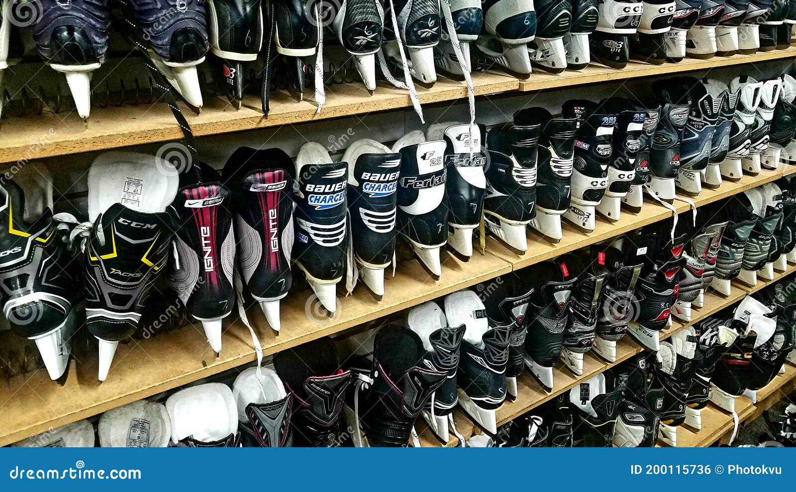 Hockey skates in store editorial photo. Image of beer 200115736
