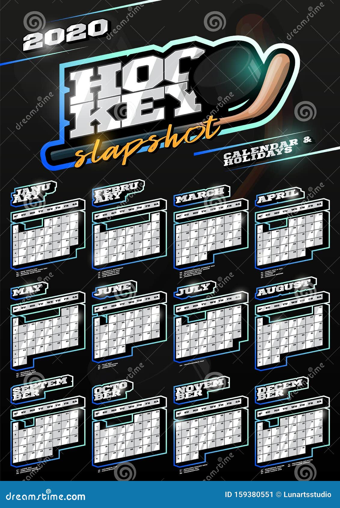 Hockey Sport Wall Vertical Calendar for 2020. One Page Retro Style