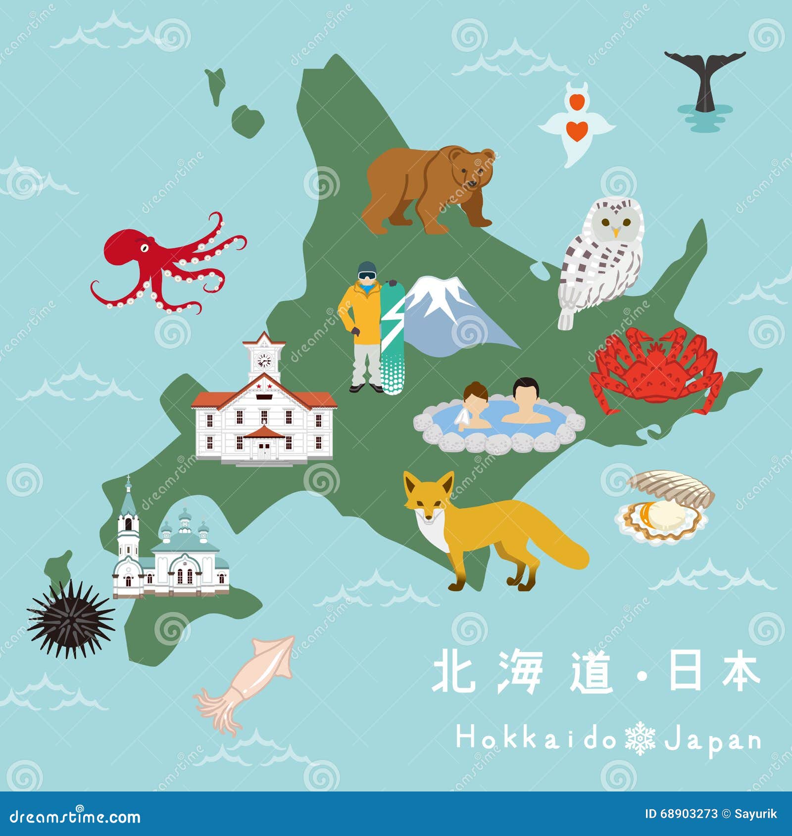 Hokkaido Ilustracyjna mapa ilustracja wektor. Illustration of jedzenie -  68903273