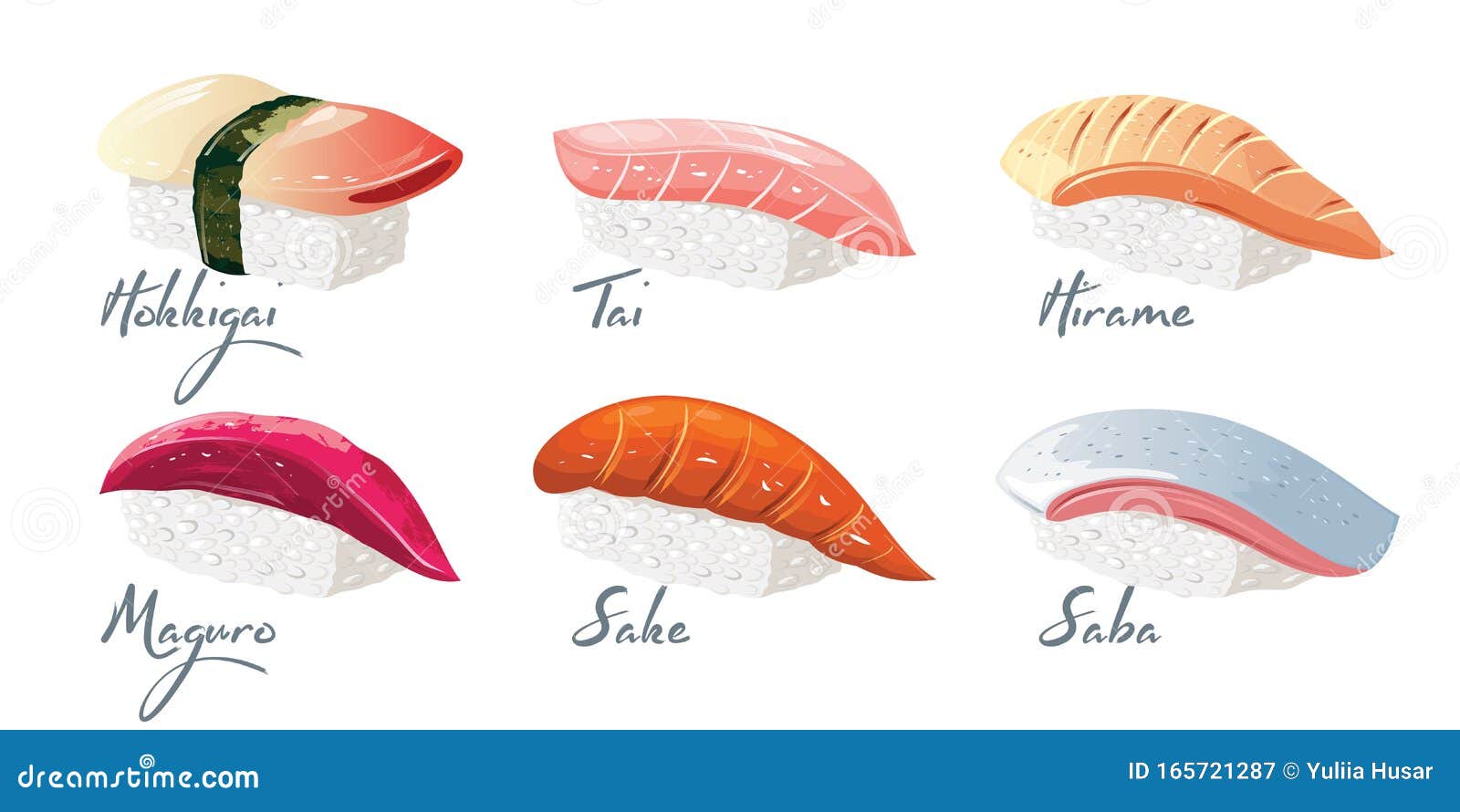 Hokkigai, Tai, Hirame, Maguro, Sake, Saba Sushi. Vector Set with Japanese  Dishes from Fishes and Rice. Stock Vector - Illustration of diet, element:  165721287