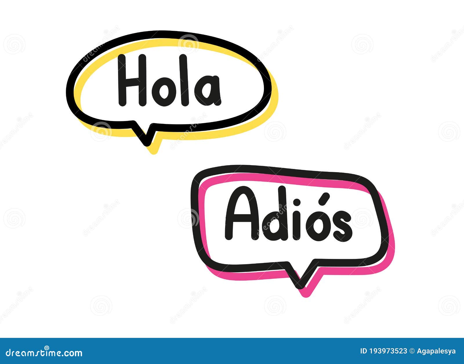 hola adios. handwritten lettering . black  text in pink and yellow neon speech bubbles.