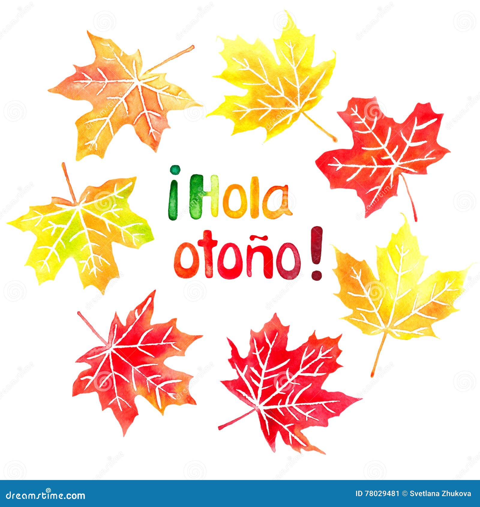 hola otono watercolor hand drawn lettering and maple leaves