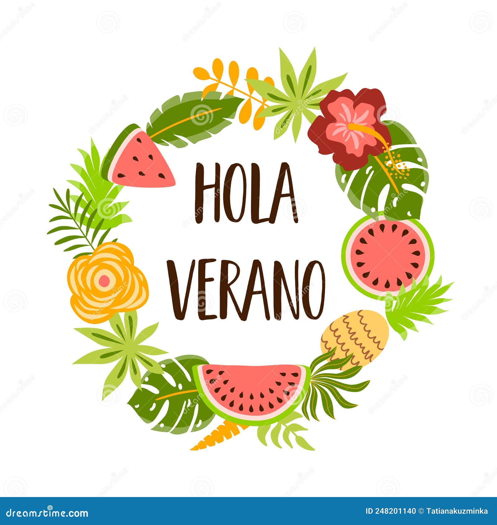hola verano text in spanish means hello summer. cute summer banner with tropical fruits flowers palm leaves. decorative