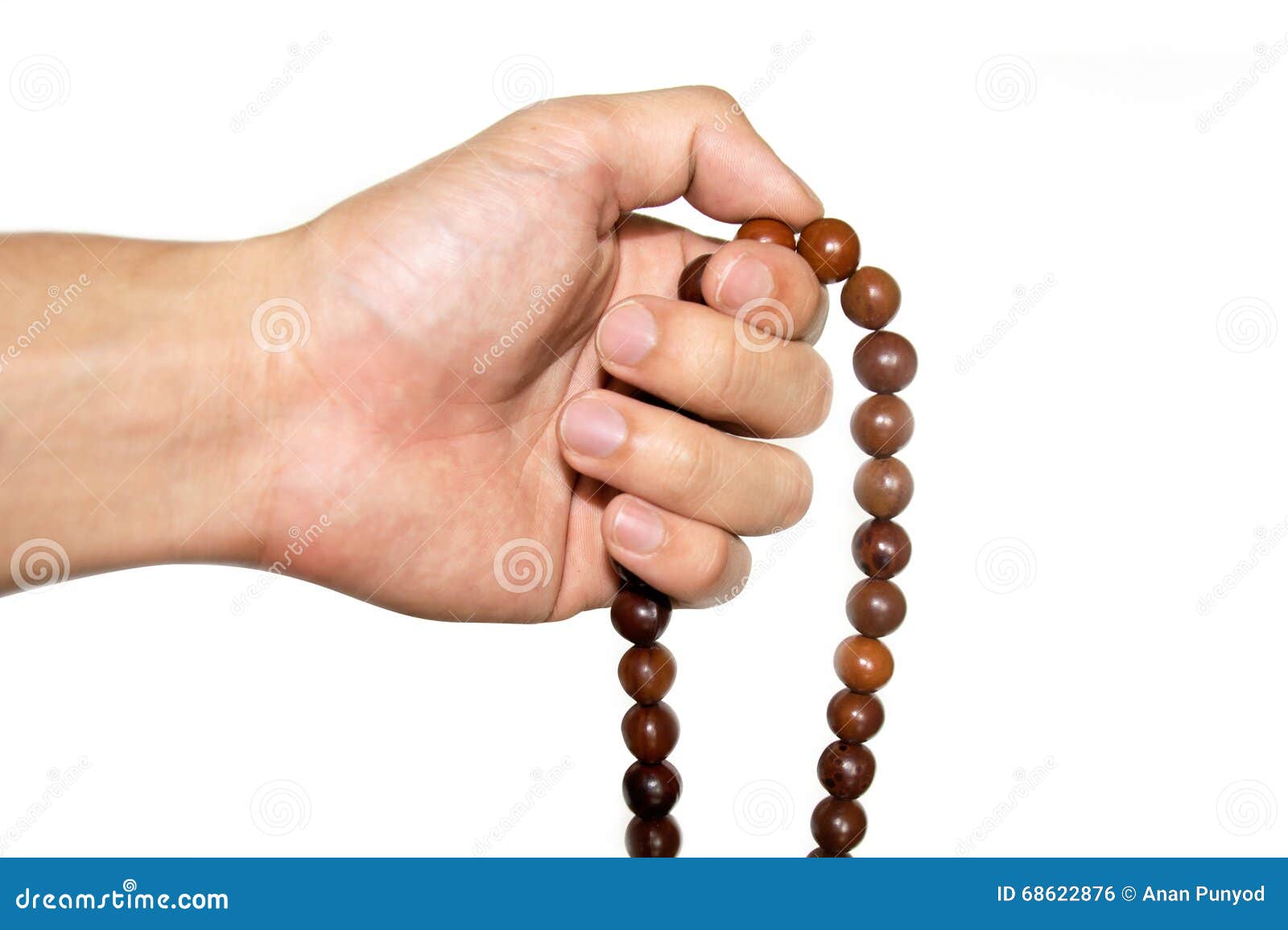 Holding Buddhist Prayer Beads Isolate on White Background Stock Photo
