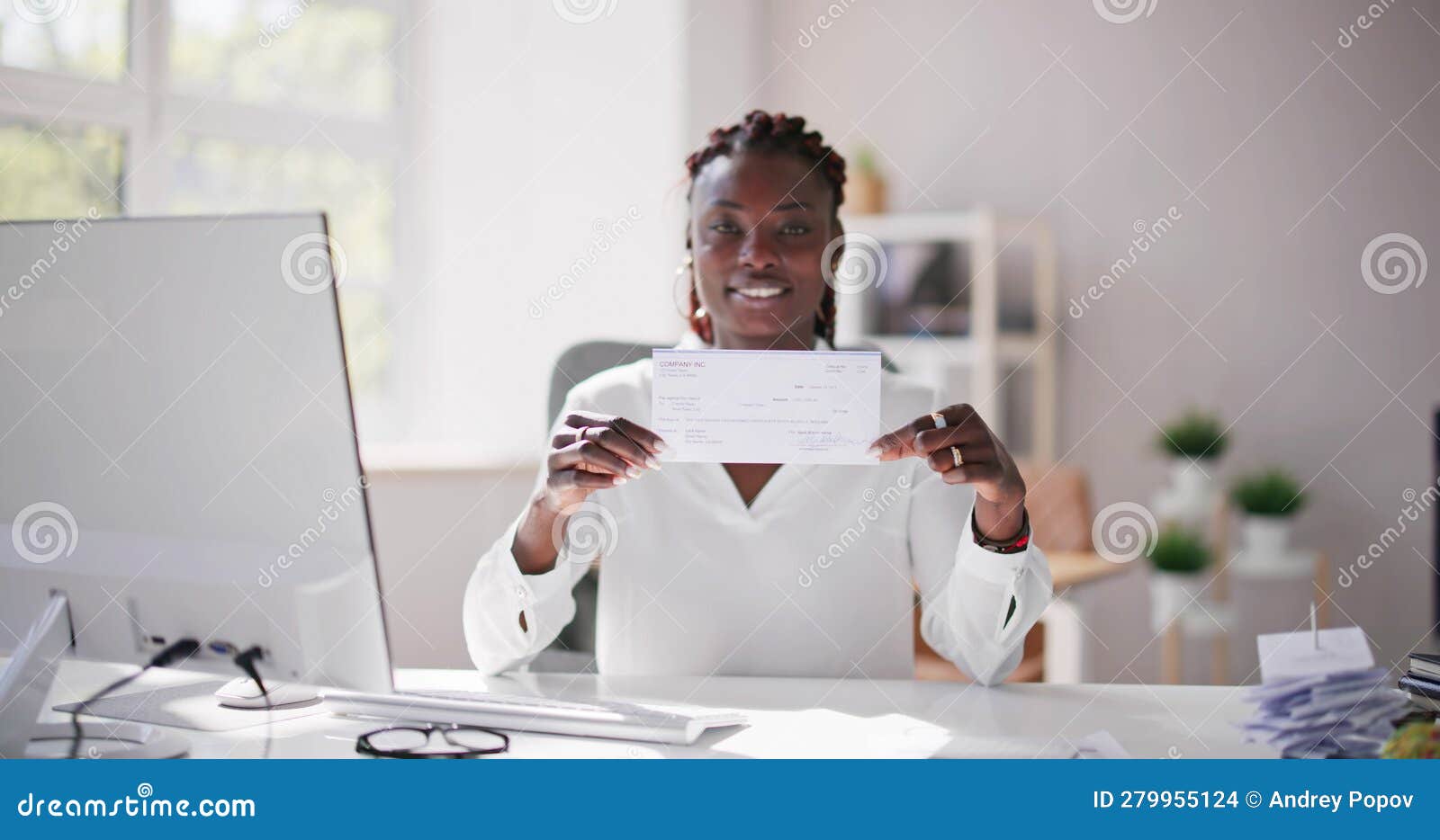Holding Paycheck or Payroll Check or Insurance Cheque Stock Photo Image of smile, hands 279955124