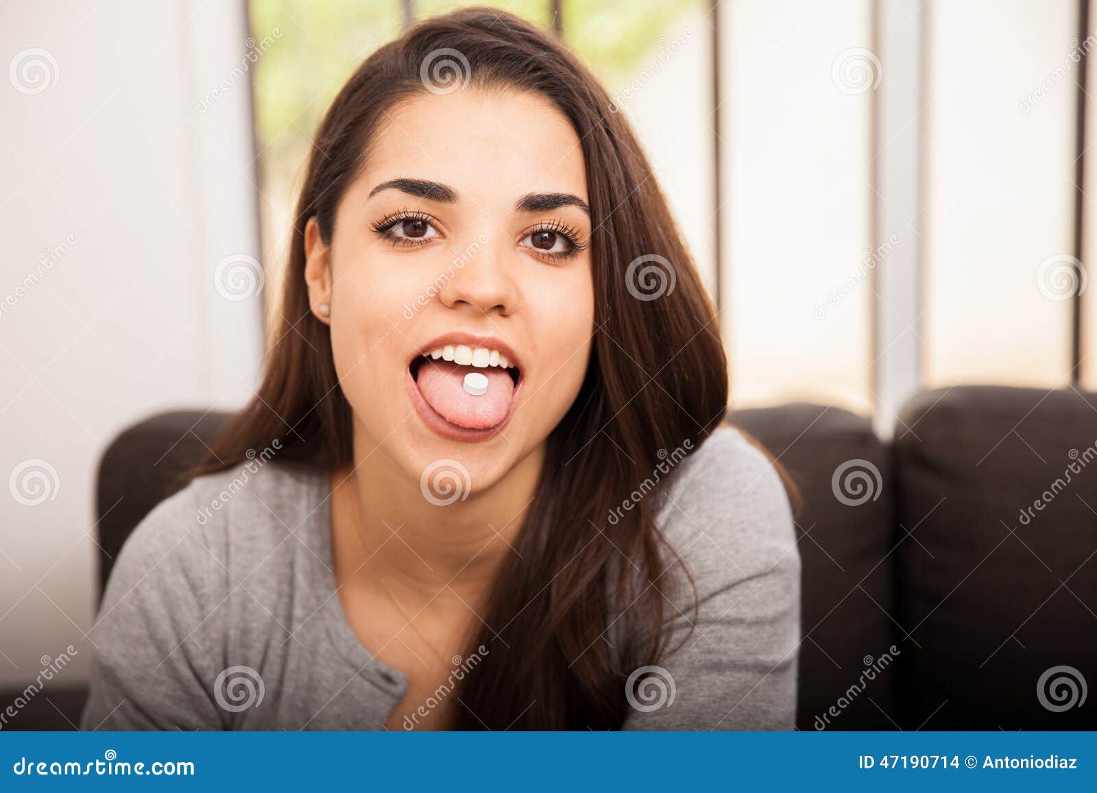 Holding A Pill In Her Tongue Stock Photo Image Of Heal