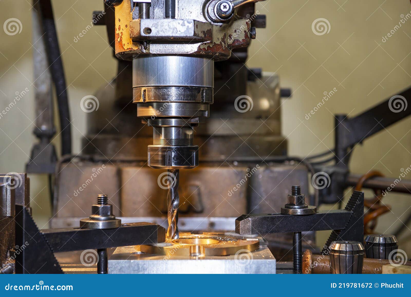 The Hole Drilling Processing by Drill Tool on NC Milling Machine. Stock