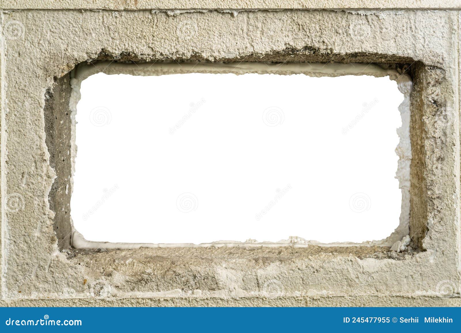 Hole in an Old Concrete Wall. Isolated on White Background Stock Image