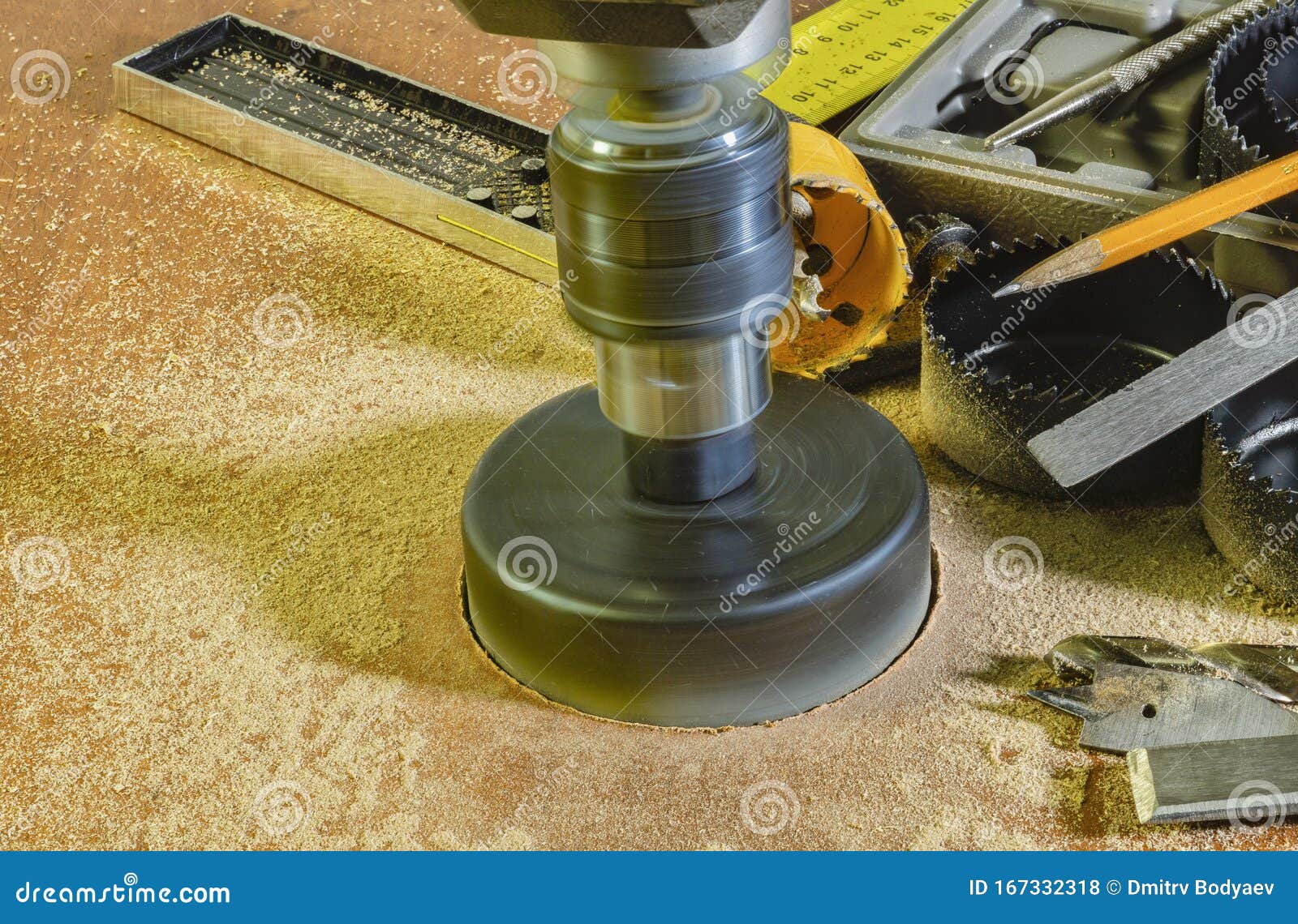 Hole Saws for Making Holes in Wood with a Hand Drill Stock Photo
