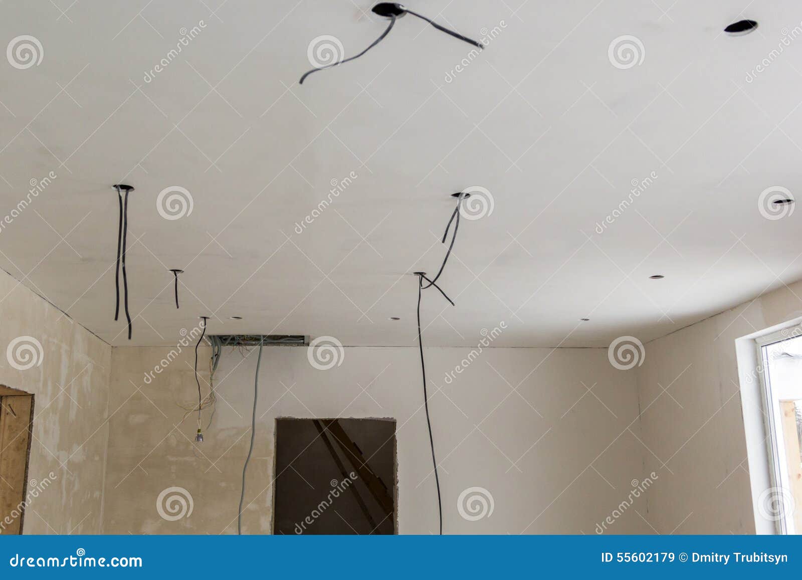 Holes and Wiring for Ceiling Spotlight Unfinished Stock Image Image