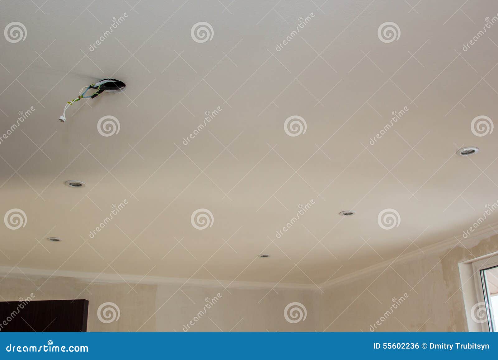 Holes and Wiring for Ceiling Spotlight Unfinished Stock Photo Image