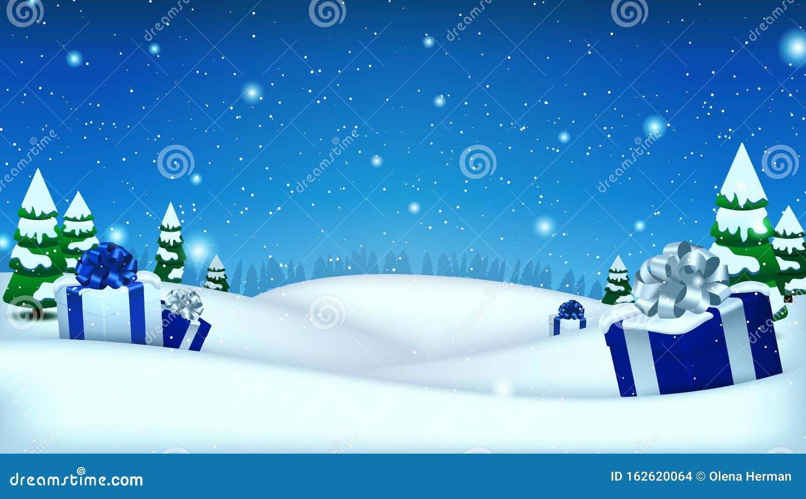 Holiday Christmas and New Year Template for Your Arts and Copy Space.  Winter Background with Gifs, Snow and Spruce Trees Stock Illustration -  Illustration of merry, decoration: 162620064