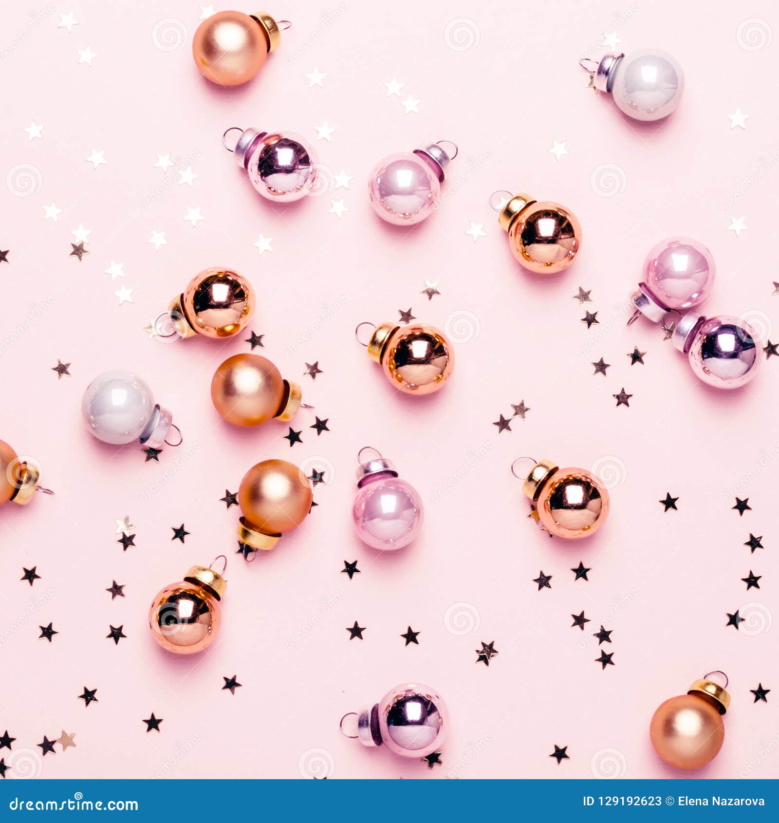 Holiday Christmas Pink Flat Lay with Golden Balls and Confetti Stock ...