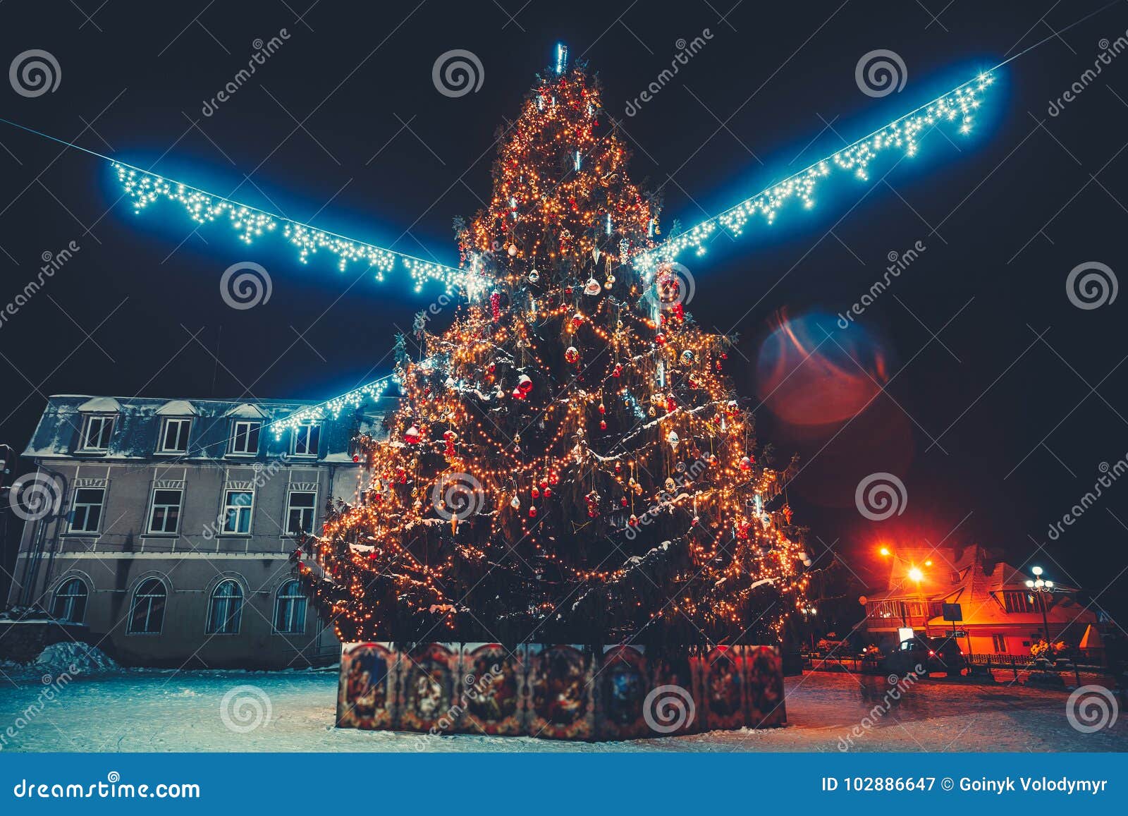 Holiday Christmas Tree Decorated with Color Lights Stock Image - Image ...