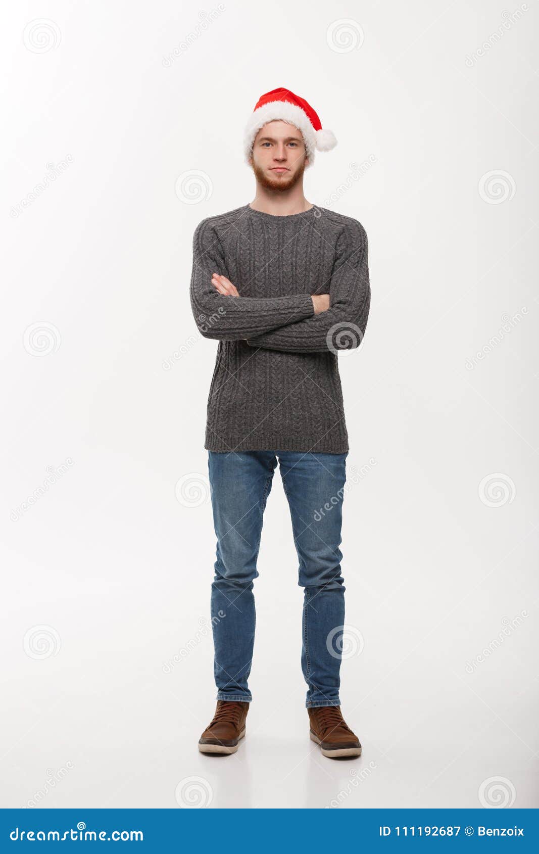 Holiday Concept - Young Beard Man In Sweater Crossed Arms Posing On ...