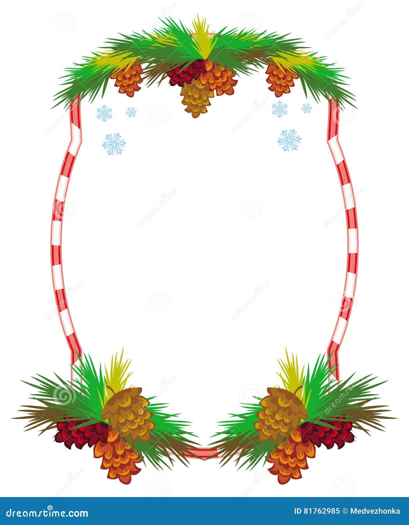 Holiday Frame With Pine Branch, Snow-flakes And Cones. Stock