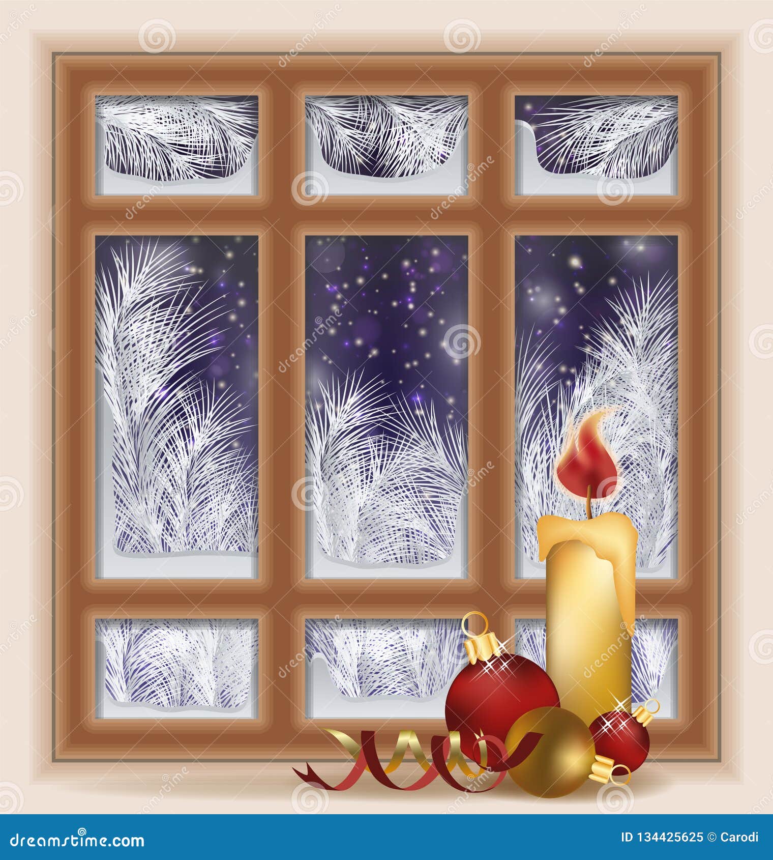 Download Holiday Frosted Window With Candle And Xmas Balls Stock ...