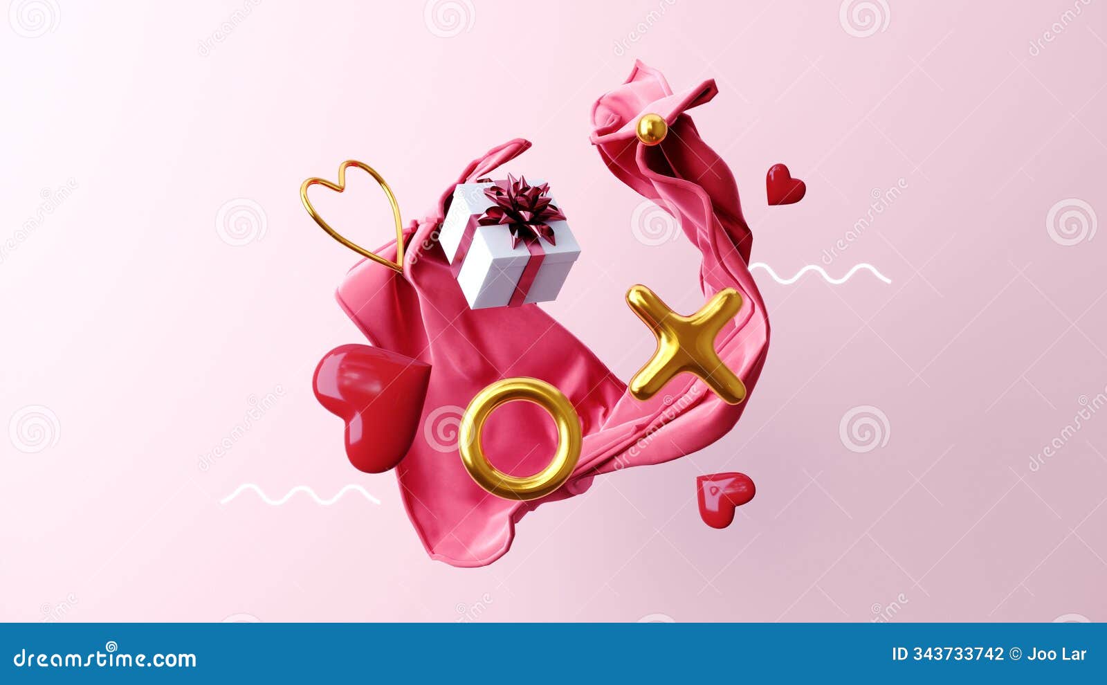 3d render of flying geometric s with fabric, pink hearts,  of love and candy