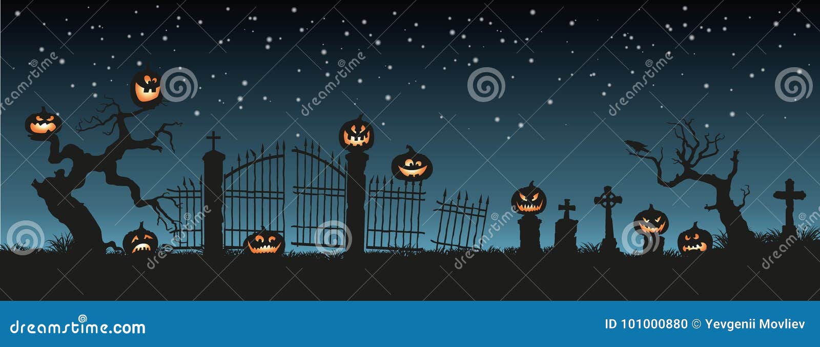 holiday halloween. black silhouettes of pumpkins on the cemetery on night sky background. graveyard and broken trees