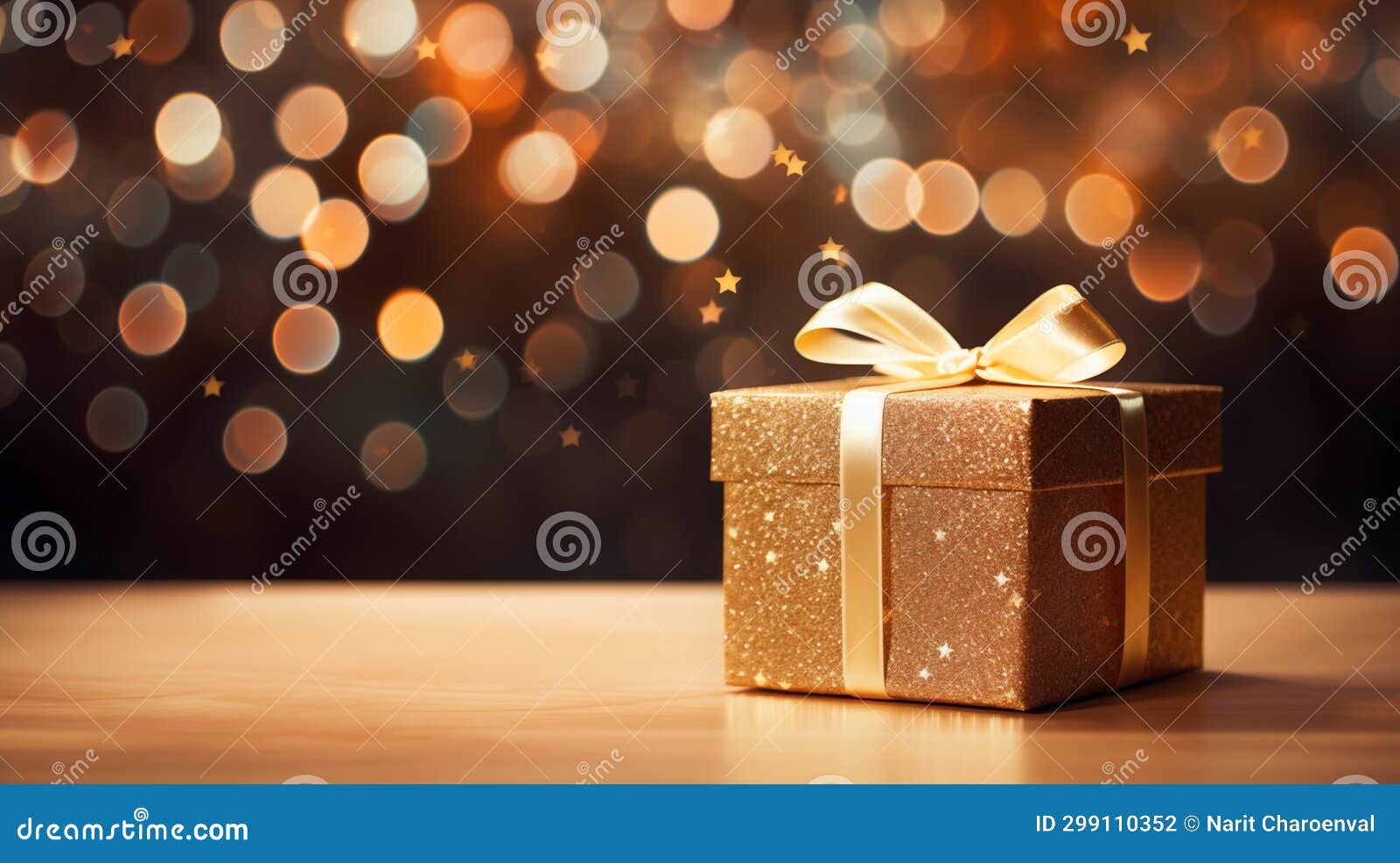 Holiday Joy Unbound Christmas Gift Box with Bow on Bokeh Stock