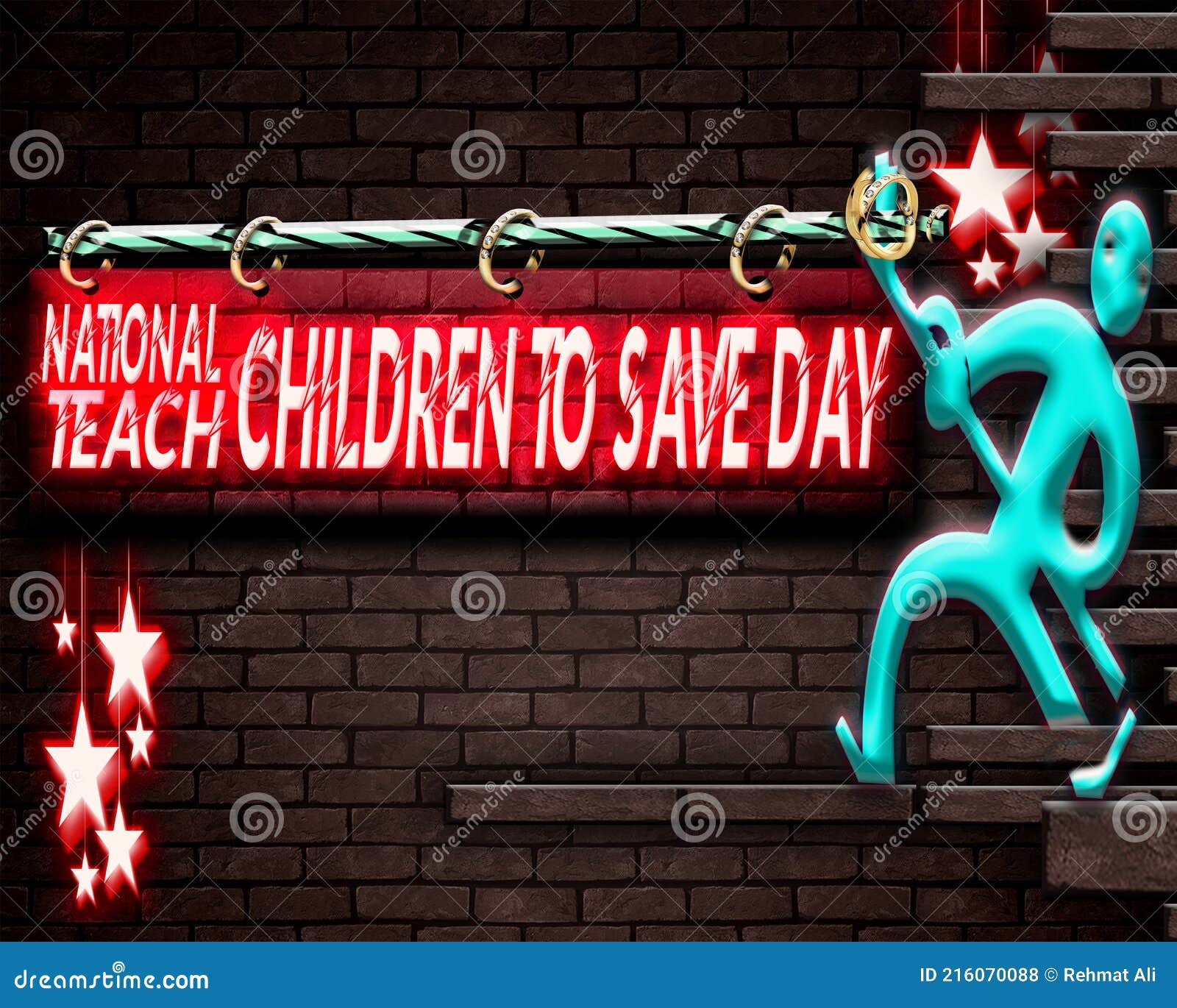 Holiday National Teach Children To Save Day, Neon Text Effect on Bricks
