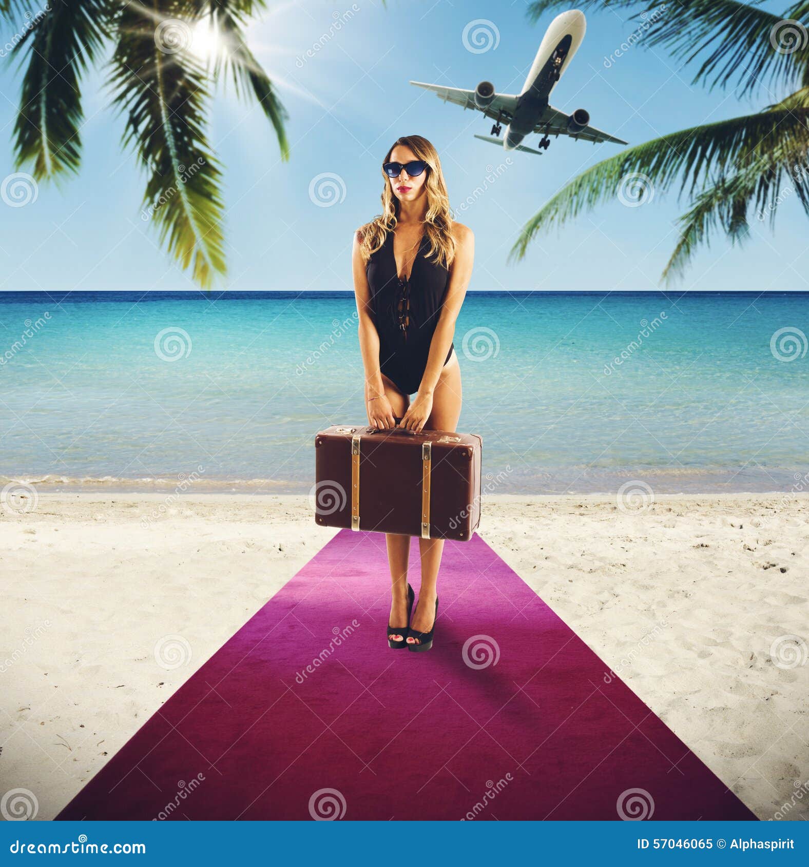 Holiday of rich tourist. Rich tourist in red carpet on beach