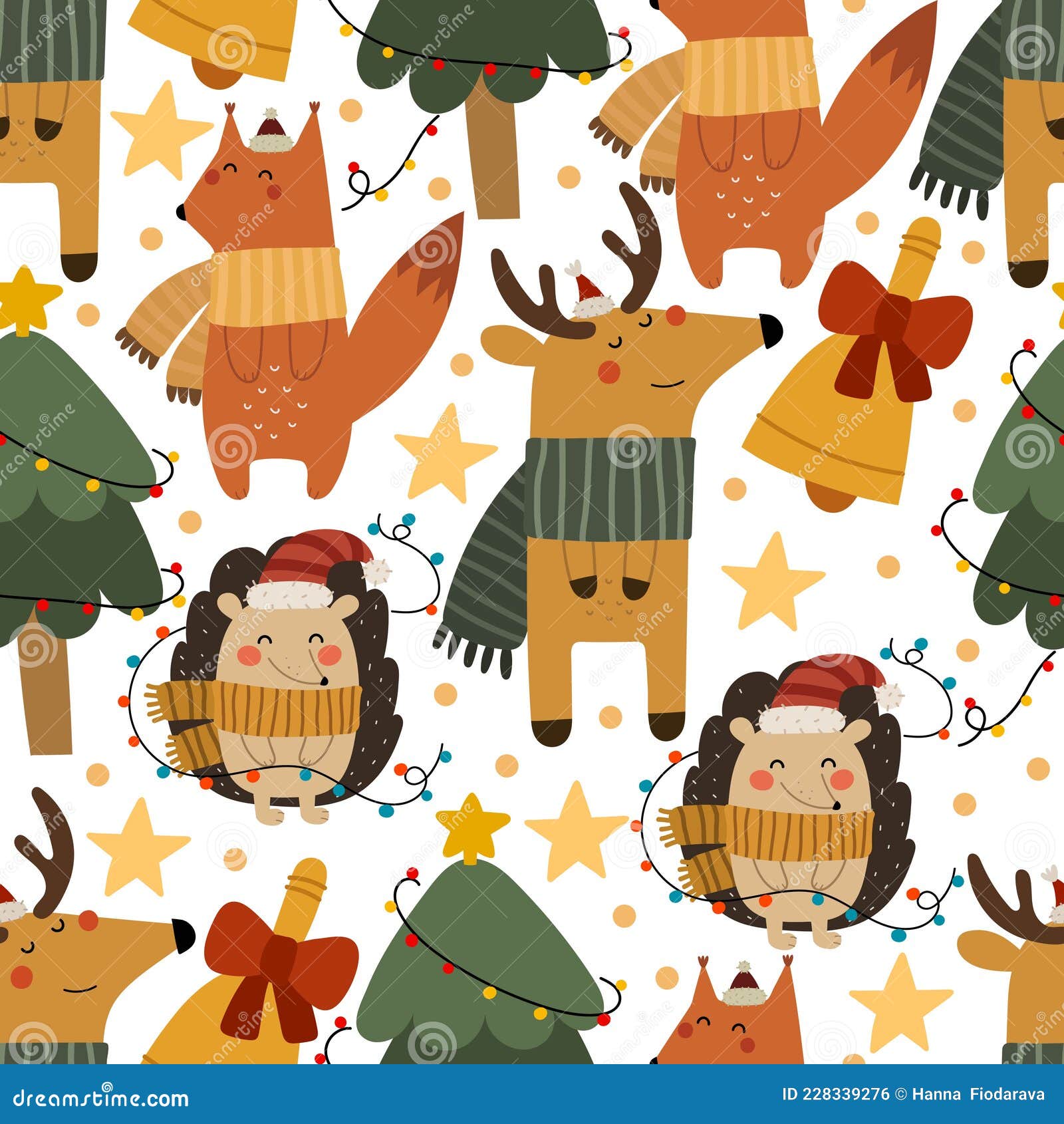holiday seamless pattern with cartoon deer, squirrel, hedgehog, trees, decor s. colorful  for kids, flat style. hand