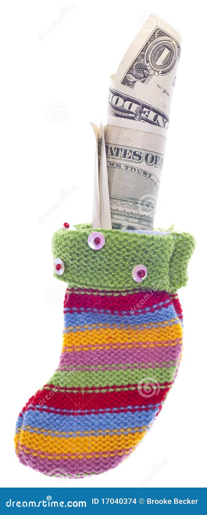 Holiday Sock Filled with American Dollar Currency Stock Photo Image