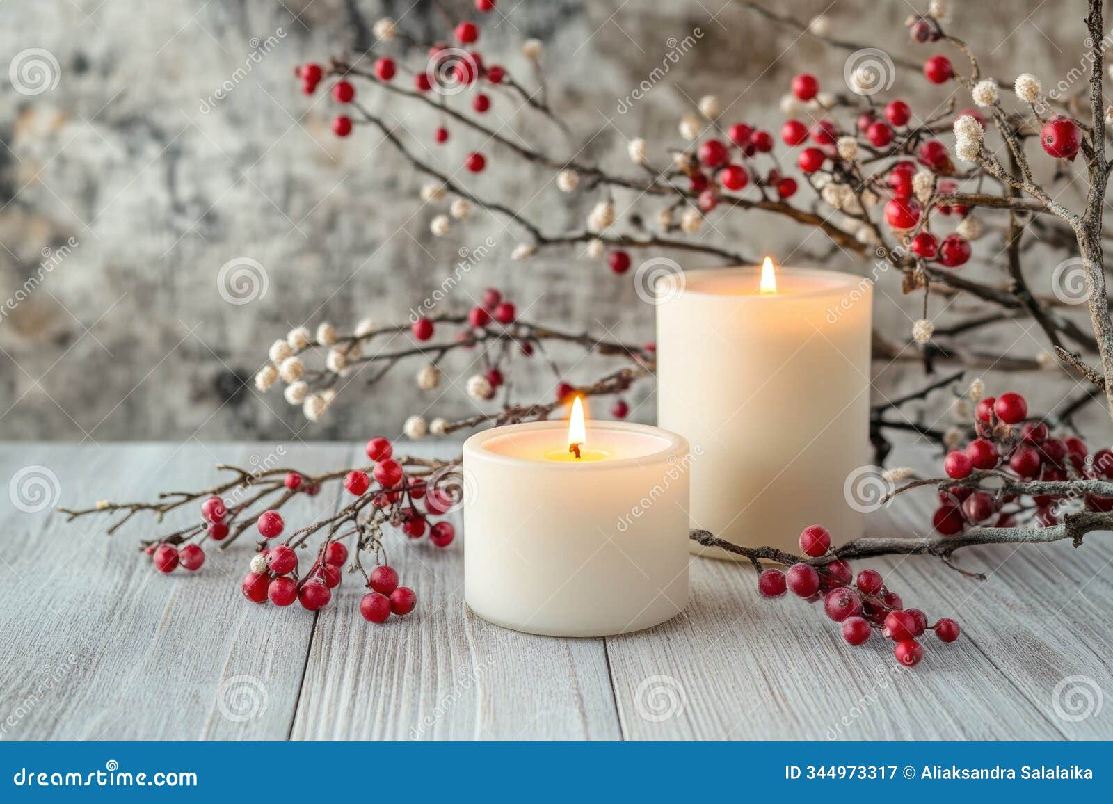 holiday table decor, a peaceful holiday display featuring twigs, berries, and soy candles, arranged on a wooden backdrop