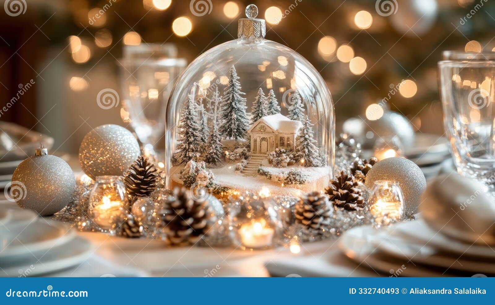holiday table decorations, create a festive table centerpiece with a glass cloche winter scene, silver pinecone