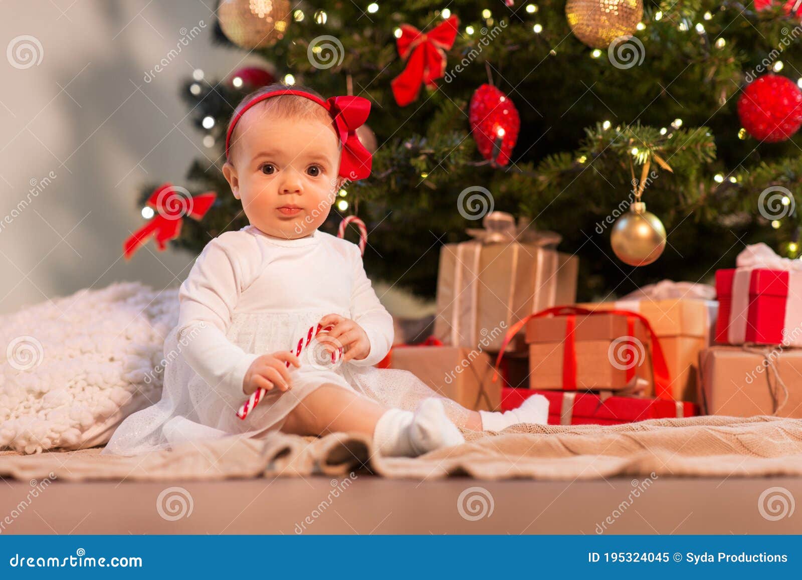 Baby Girl at Christmas Tree with Gifts at Home Stock Image - Image of ...