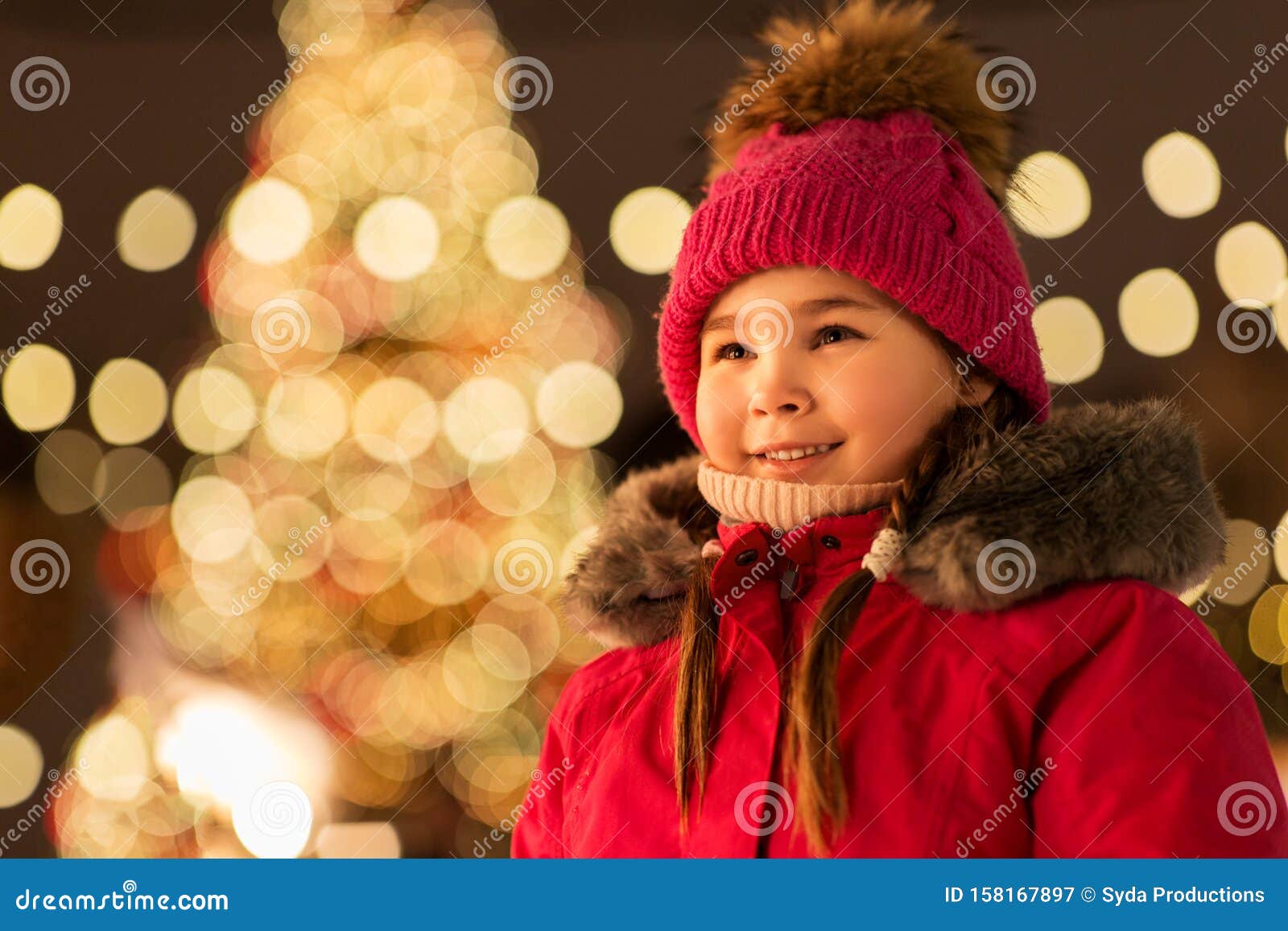 Happy Little Girl at Christmas Market in Winter Stock Image - Image of ...