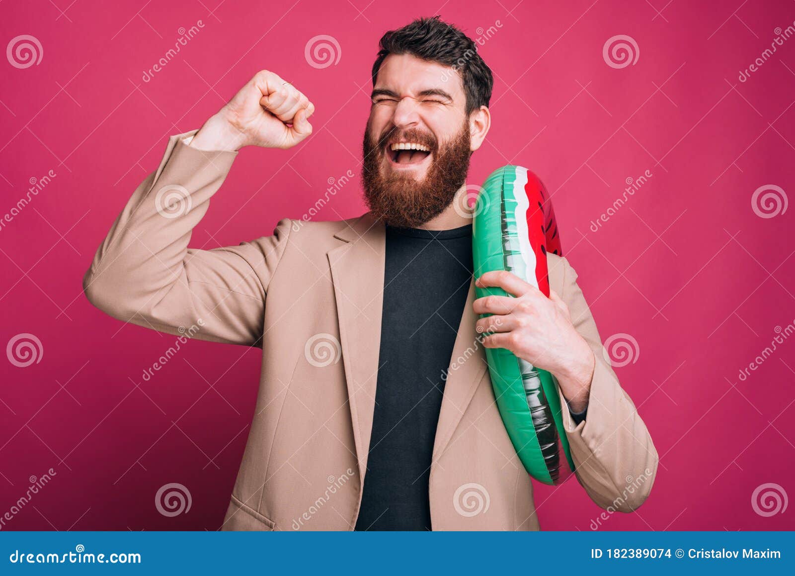 the holidays are coming, bearded man is making the winner gesture and holding a life saving ring.