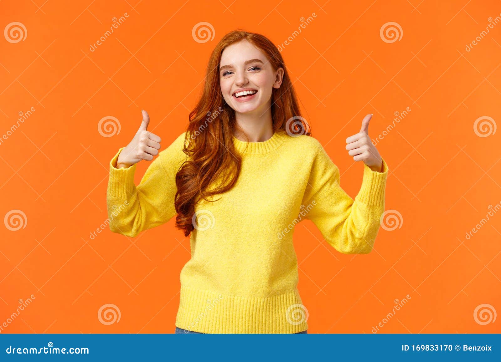 Holidays, Gestures, People Concept. Cheerful Cute Redhead Girl Smiling ...