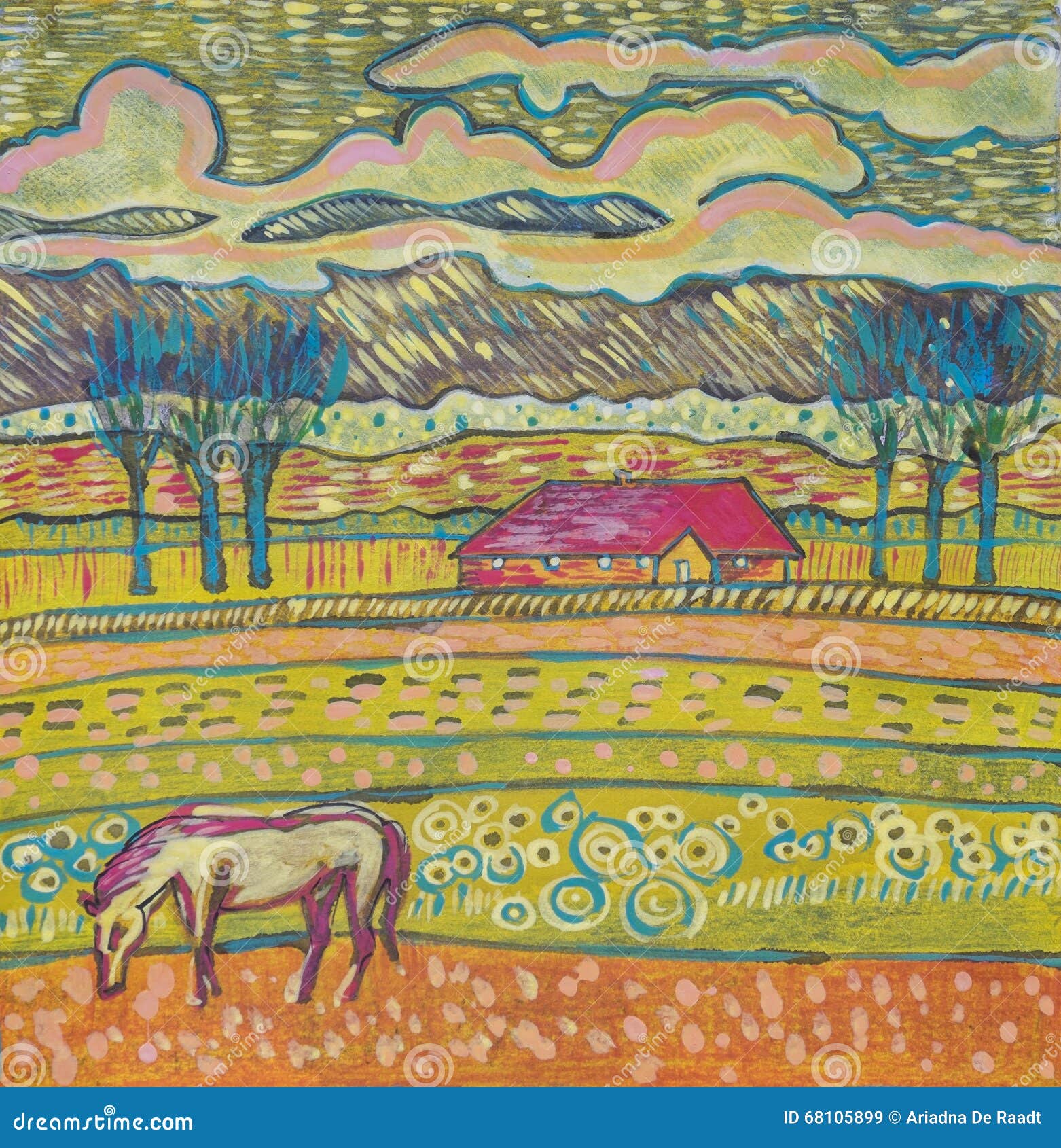 Holland countryside by color pencils , tempera and ink