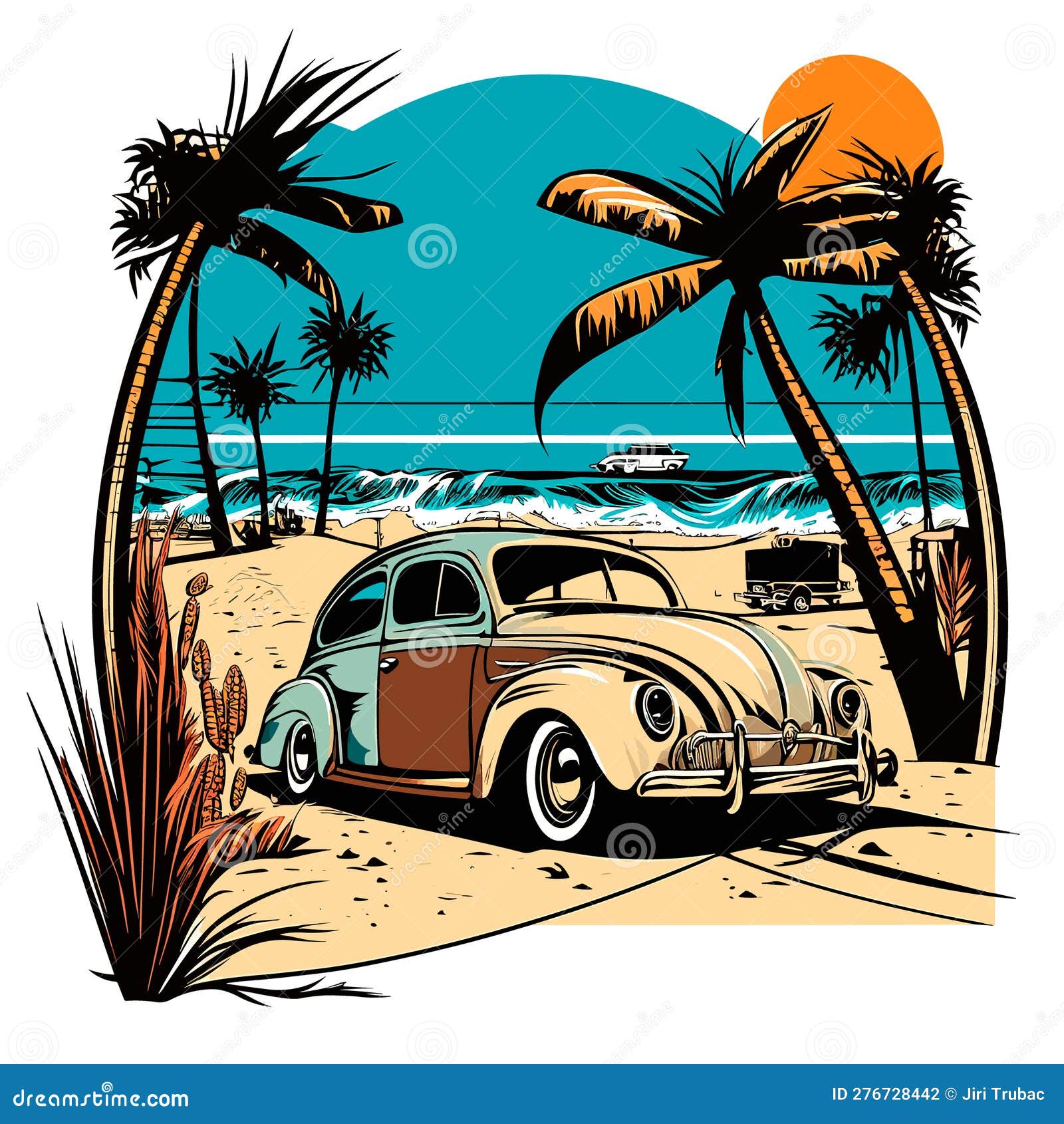holliday road trip by vehicle. silhouettes of palm trees with the setting sun in the background. cartoon  ,