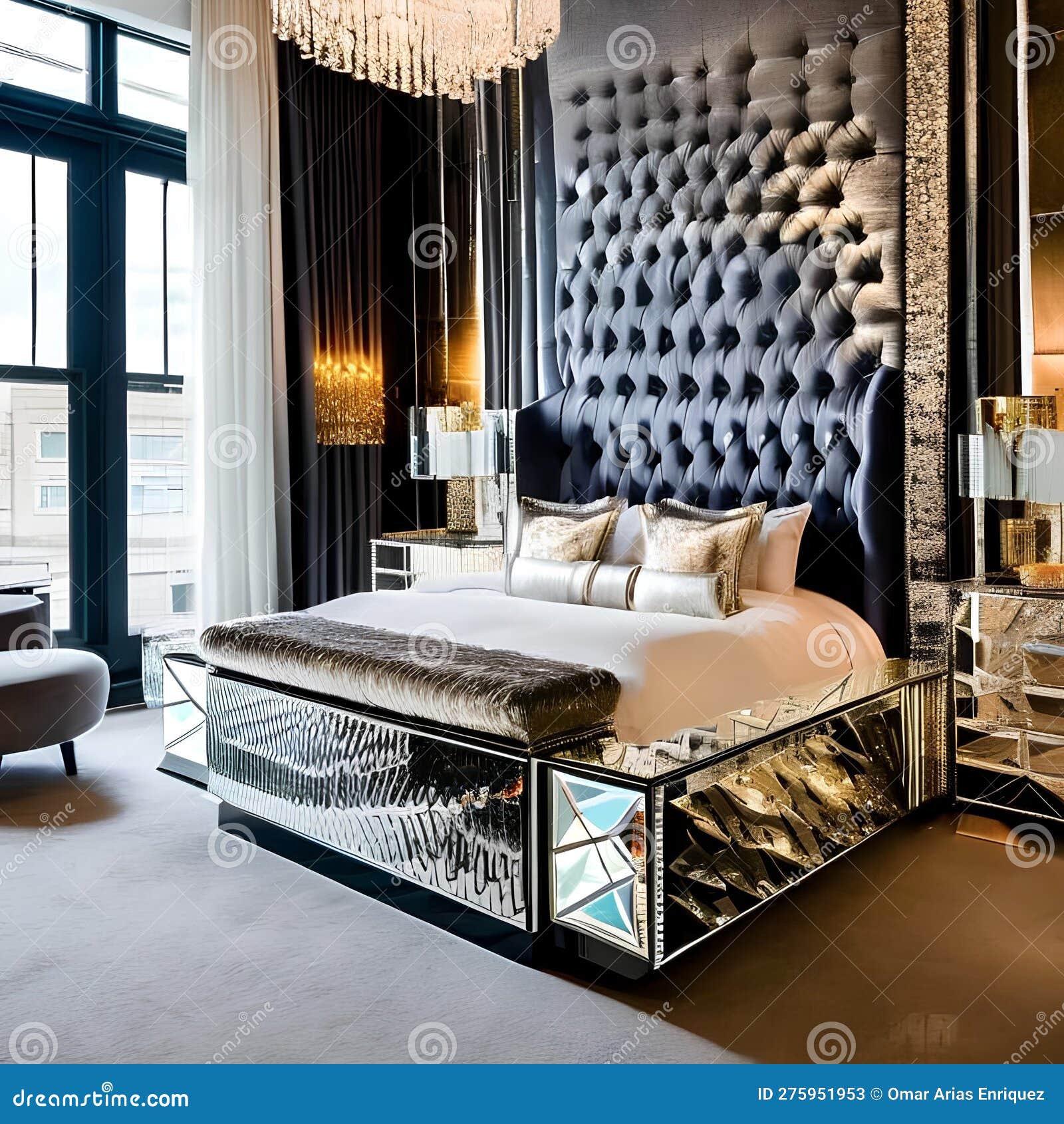 17 a hollywood regency-inspired bedroom with mirrored furniture, a tufted headboard, and metallic accents2, generative ai