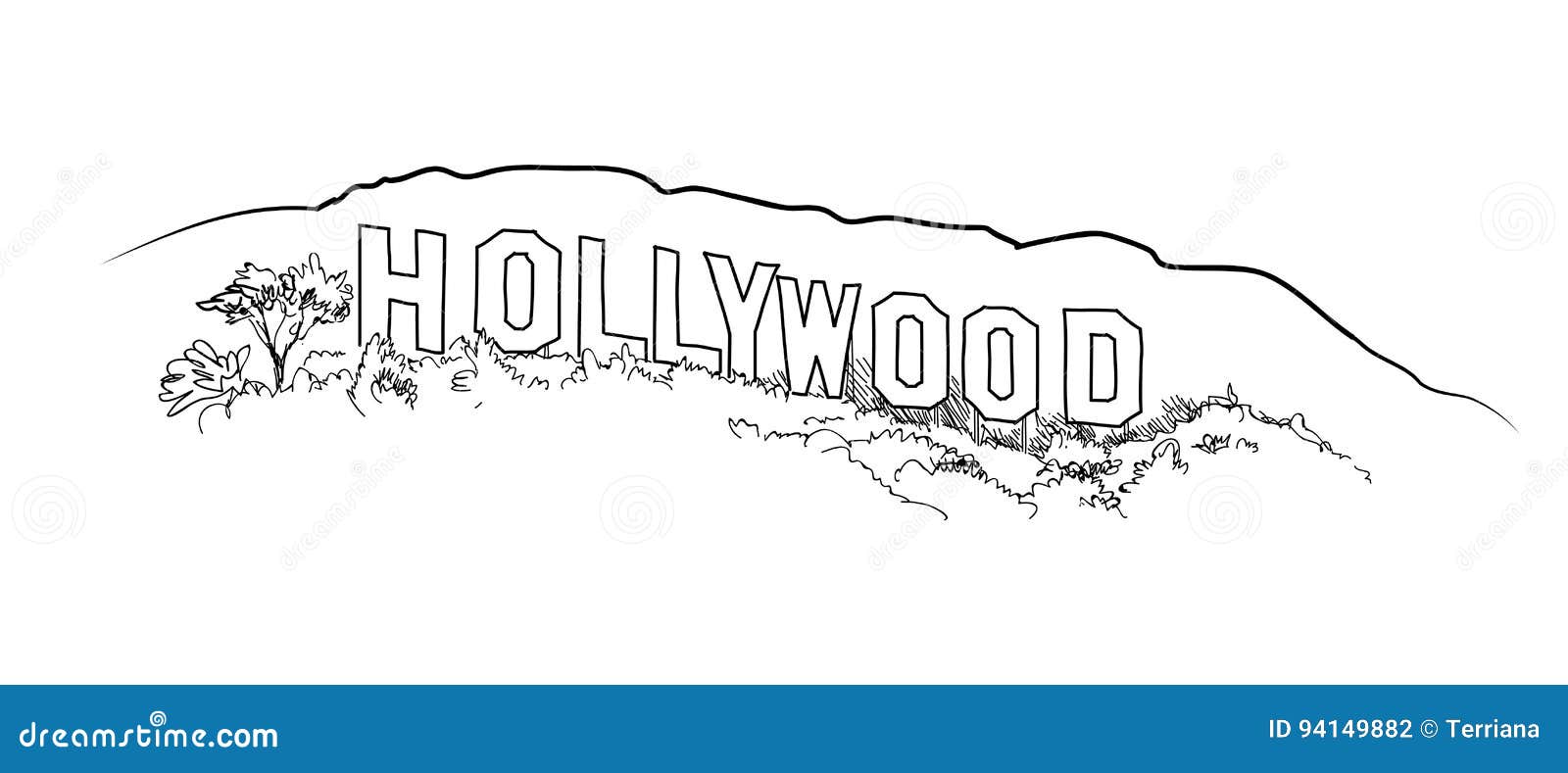 Hollywood Sign Engraving. Hollywood Hill Landscape View