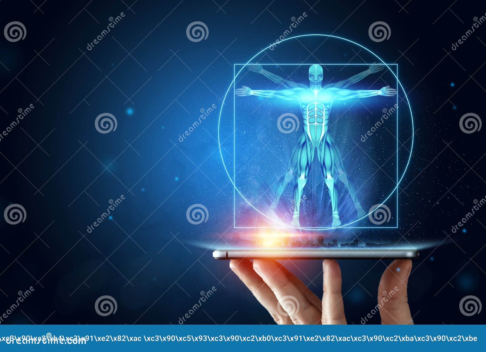 hologram vitruvian man, the structure of human muscles, biology of the muscular system. human anotomy concept