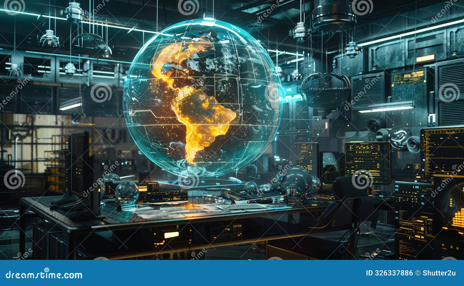 a holographic earth in a scifi lab with dynamic fire lines wrapping the globe casting an eerie glow on the surrounding