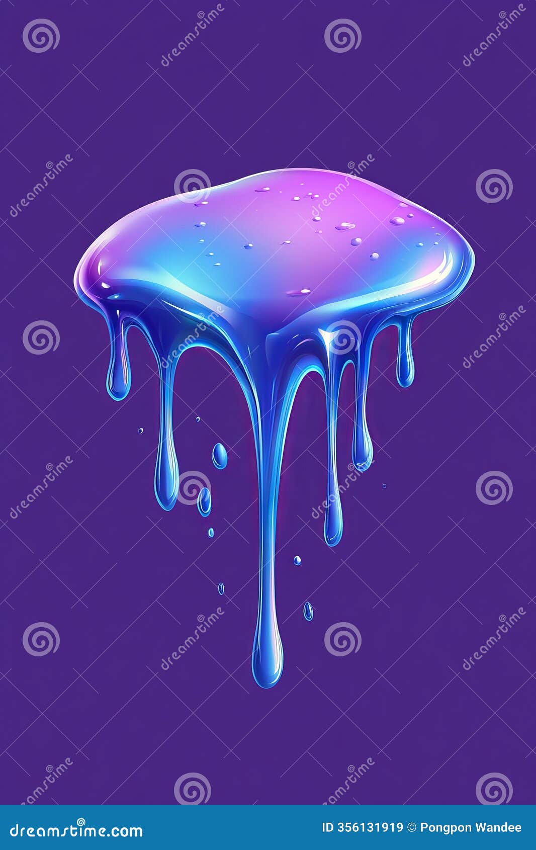 holographic liquid blob with bold contours and melting  on vibrant purple background