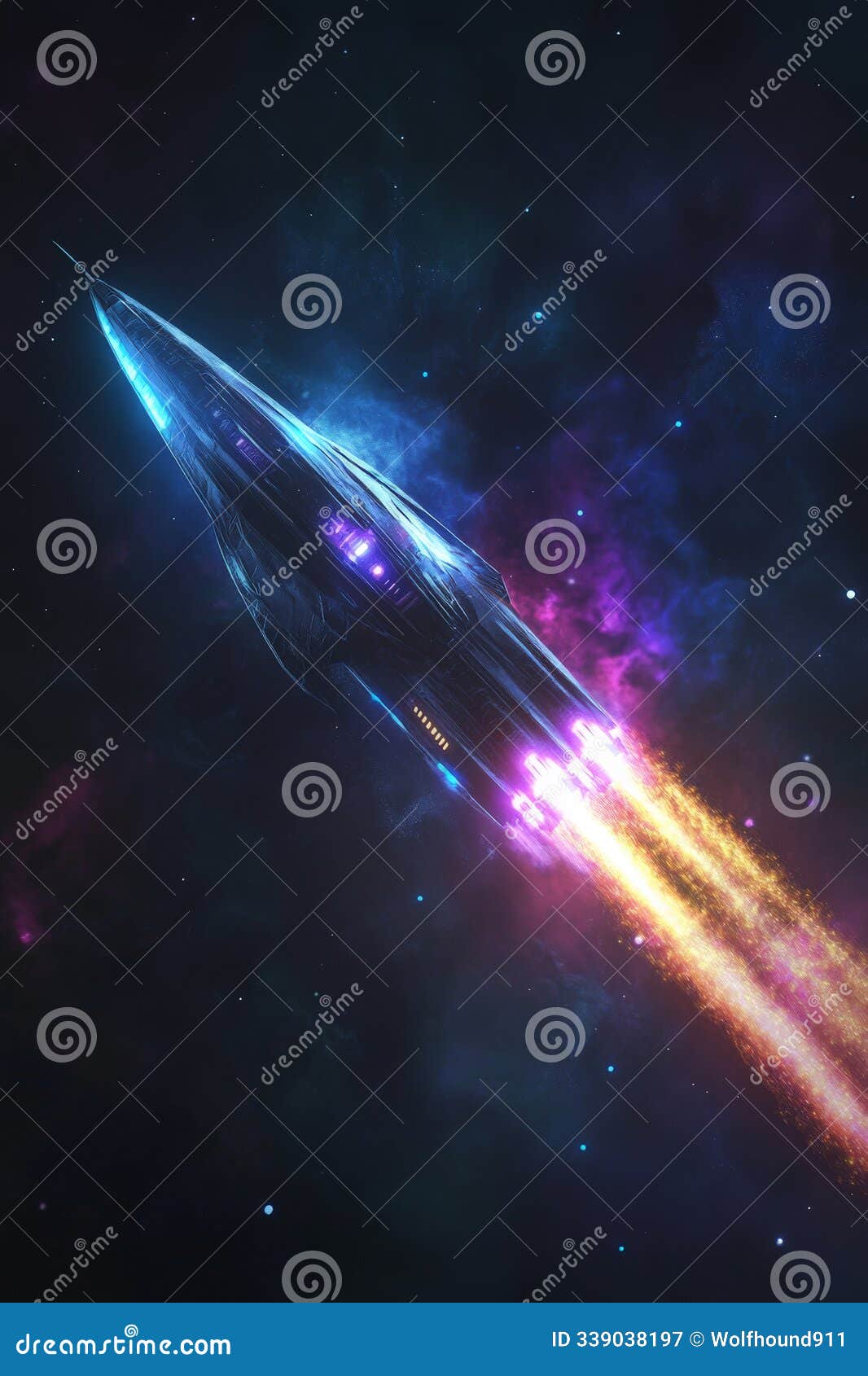 a holographic spaceship with radiant led lights glowing along its curved surfaces, hurtling through