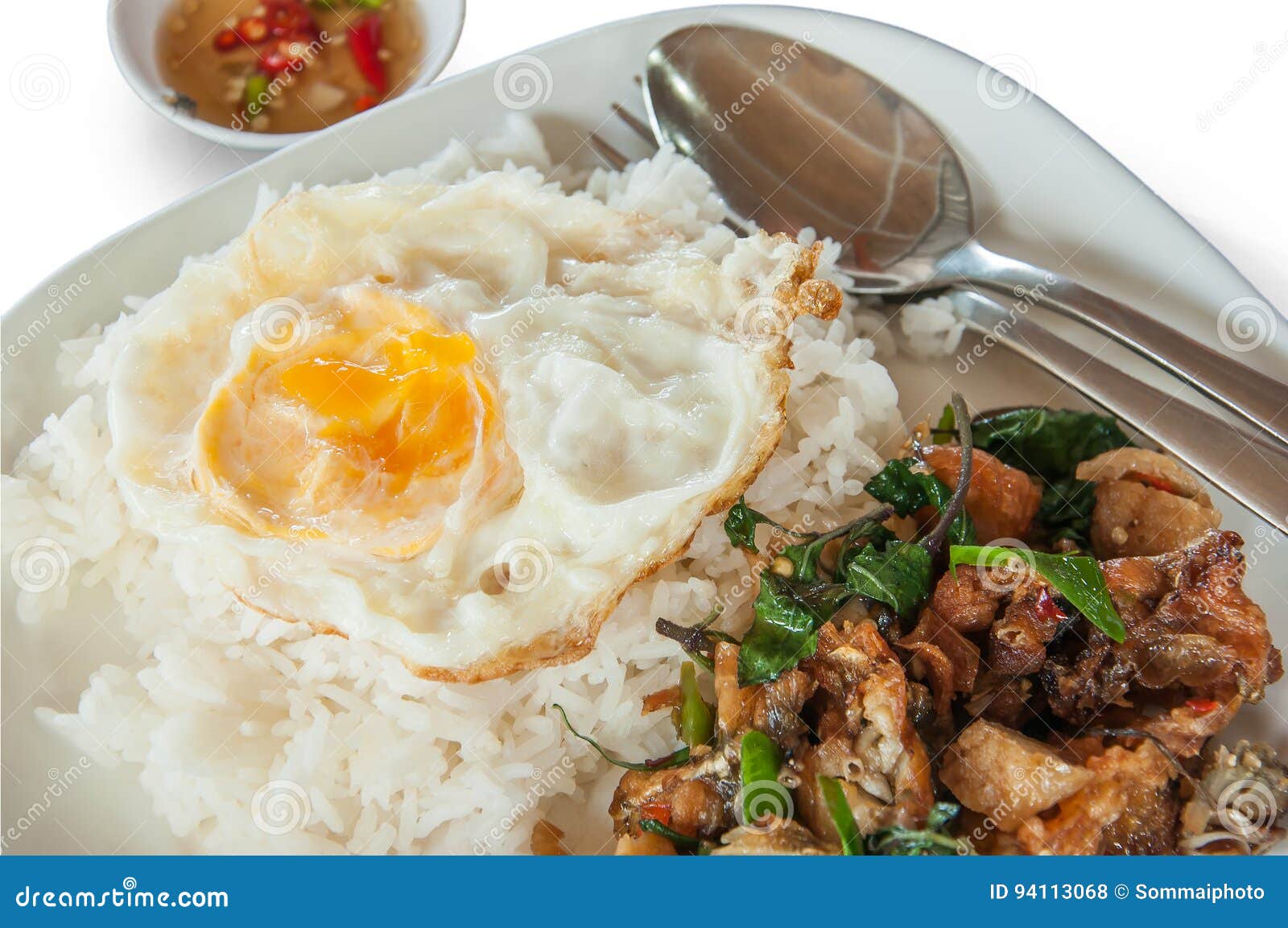 Holy Basil Fried Frog and Fried Eggs, Jasmine Rice Stock Photo Image