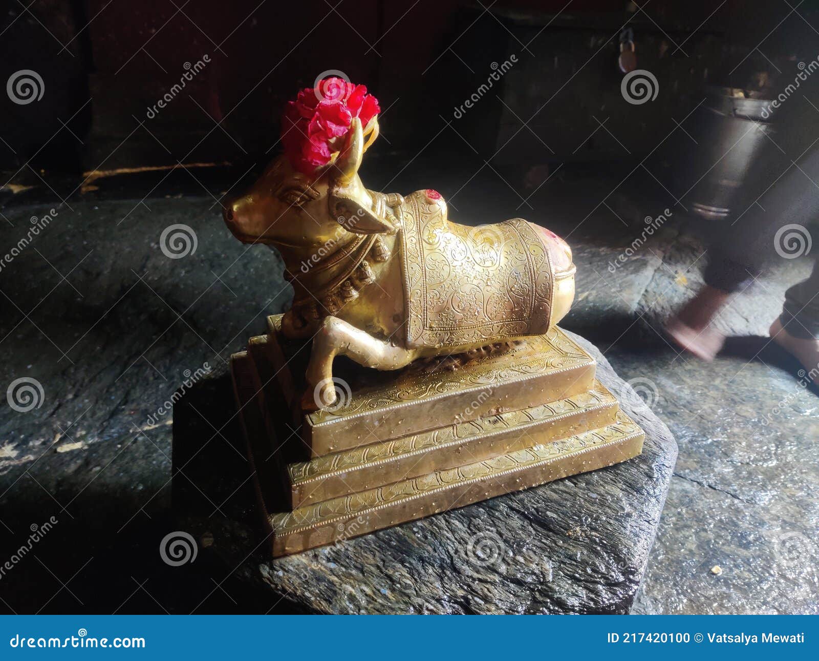 holy bull idol of brass in the temple, also called vrishabha or nandi, profoundly carved and chiseled