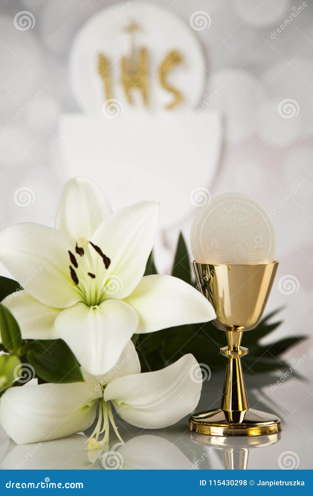 Holy Communion a Golden Chalice with Grapes and Bread Wafers Stock ...