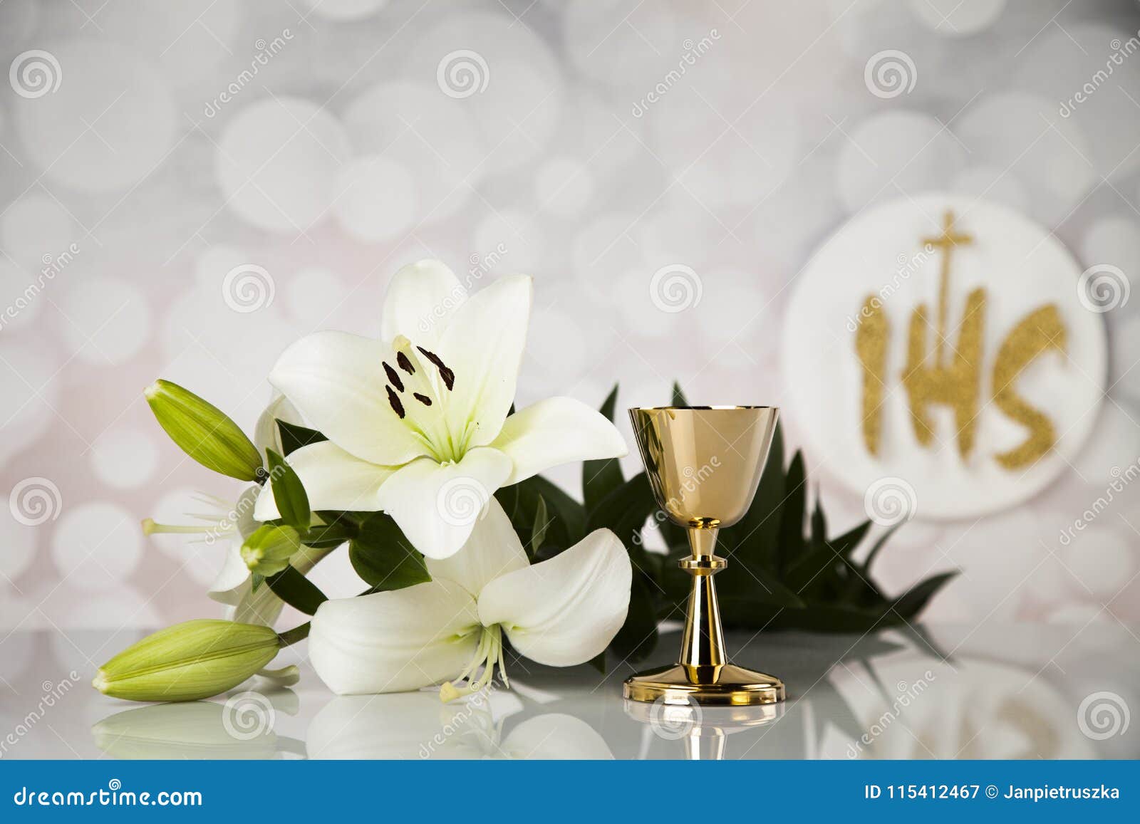 Holy Communion a Golden Chalice with Grapes and Bread Wafers Stock ...